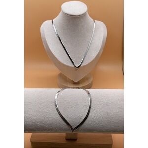 925 Italy Sterling Silver Chevron V Necklace Bracelet Set Flat Herringbone Snake